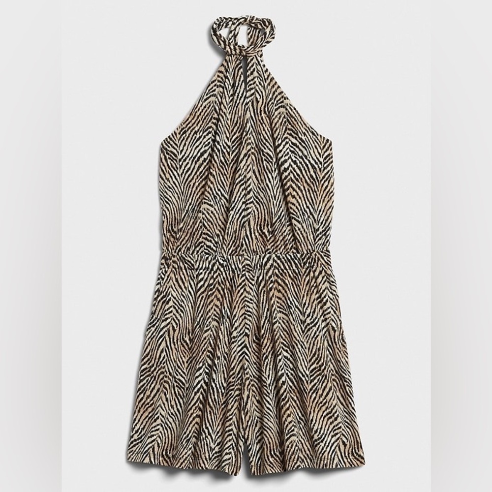 NWT Banana Republic Factory Knit Halter Black Tan Animal Print Romper